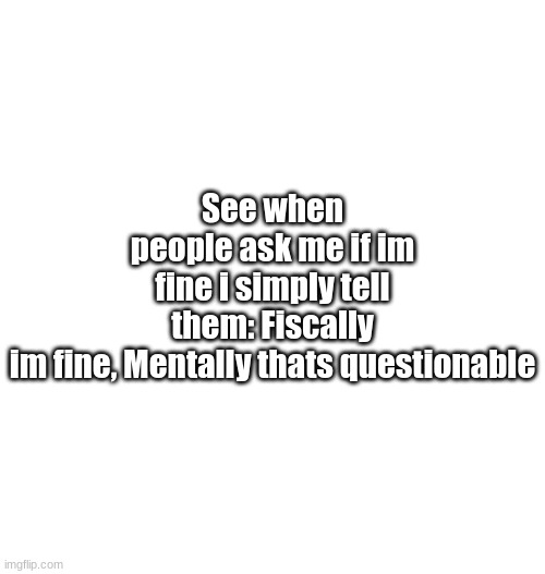 Just plain white | See when people ask me if im fine i simply tell them: Fiscally im fine, Mentally thats questionable | image tagged in just plain white | made w/ Imgflip meme maker