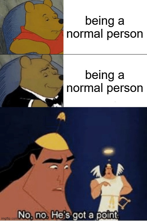 everybody is normal | being a normal person; being a normal person | image tagged in memes,tuxedo winnie the pooh,no no he's got a point | made w/ Imgflip meme maker