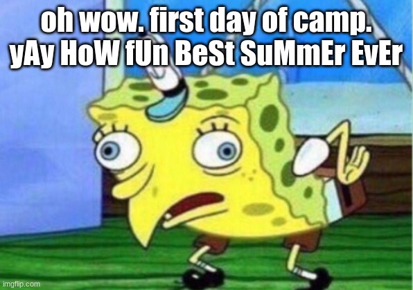 Camp quotes are liers. It is just junk. Summer camp hurts like hel | oh wow. first day of camp. yAy HoW fUn BeSt SuMmEr EvEr | image tagged in memes,mocking spongebob | made w/ Imgflip meme maker