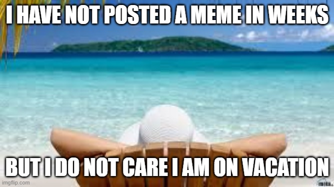 Vacation Beach | I HAVE NOT POSTED A MEME IN WEEKS; BUT I DO NOT CARE I AM ON VACATION | image tagged in vacation beach | made w/ Imgflip meme maker