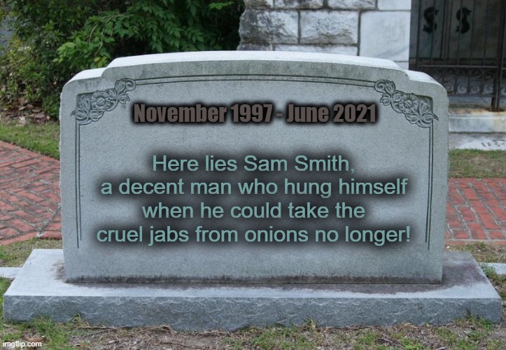 Gravestone | November 1997 - June 2021 Here lies Sam Smith, a decent man who hung himself when he could take the cruel jabs from onions no longer! | image tagged in gravestone | made w/ Imgflip meme maker