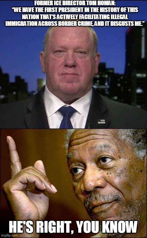 Criminally installed | FORMER ICE DIRECTOR TOM HOMAN:
“WE HAVE THE FIRST PRESIDENT IN THE HISTORY OF THIS NATION THAT’S ACTIVELY FACILITATING ILLEGAL IMMIGRATION ACROSS BORDER CRIME, AND IT DISGUSTS ME.”; HE'S RIGHT, YOU KNOW | image tagged in this morgan freeman,joe biden,illegal immigration | made w/ Imgflip meme maker