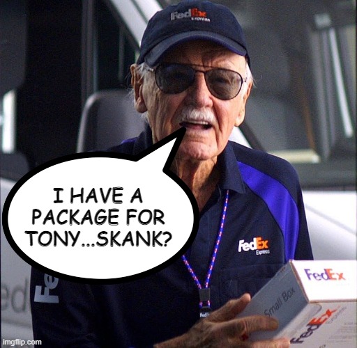 Stan's Line: The First Take | I HAVE A PACKAGE FOR TONY...SKANK? | image tagged in stan lee,civil war | made w/ Imgflip meme maker