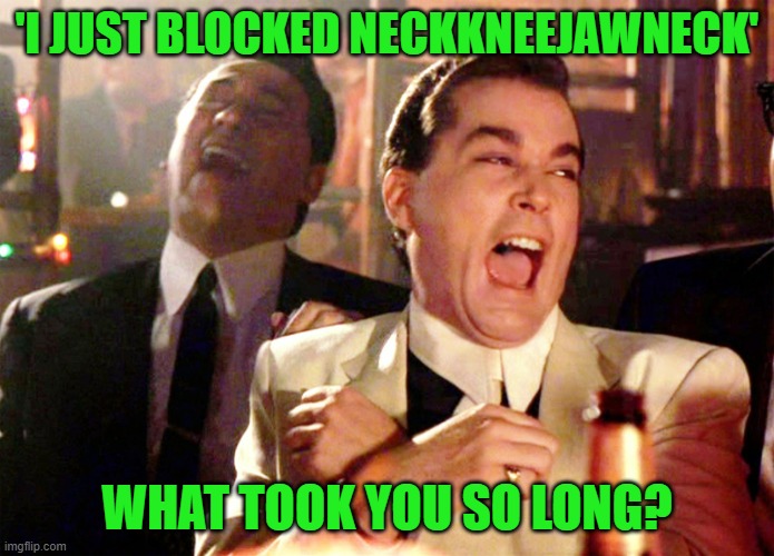 Good Fellas Hilarious Meme | 'I JUST BLOCKED NECKKNEEJAWNECK' WHAT TOOK YOU SO LONG? | image tagged in memes,good fellas hilarious | made w/ Imgflip meme maker
