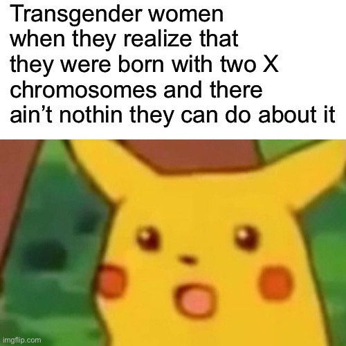 Transgender women when they realize that they were born with two X chromosomes and there ain’t nothin they can do about it | image tagged in memes,surprised pikachu | made w/ Imgflip meme maker