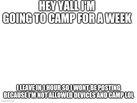 See you guys later | HEY YALL I'M GOING TO CAMP FOR A WEEK; I LEAVE IN 1 HOUR SO I WONT BE POSTING BECAUSE I'M NOT ALLOWED DEVICES AND CAMP LOL | image tagged in blank white template | made w/ Imgflip meme maker