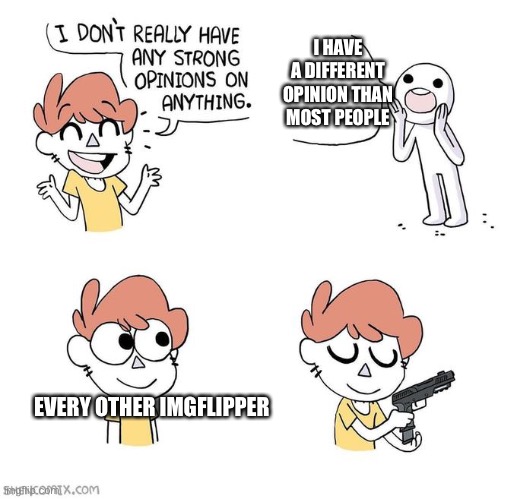 I don't really have strong opinions | I HAVE A DIFFERENT OPINION THAN MOST PEOPLE; EVERY OTHER IMGFLIPPER | image tagged in i don't really have strong opinions | made w/ Imgflip meme maker
