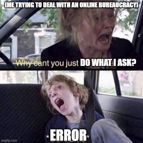 Why Can't You Just Be Normal | [ME TRYING TO DEAL WITH AN ONLINE BUREAUCRACY]; DO WHAT I ASK? ERROR | image tagged in why can't you just be normal | made w/ Imgflip meme maker