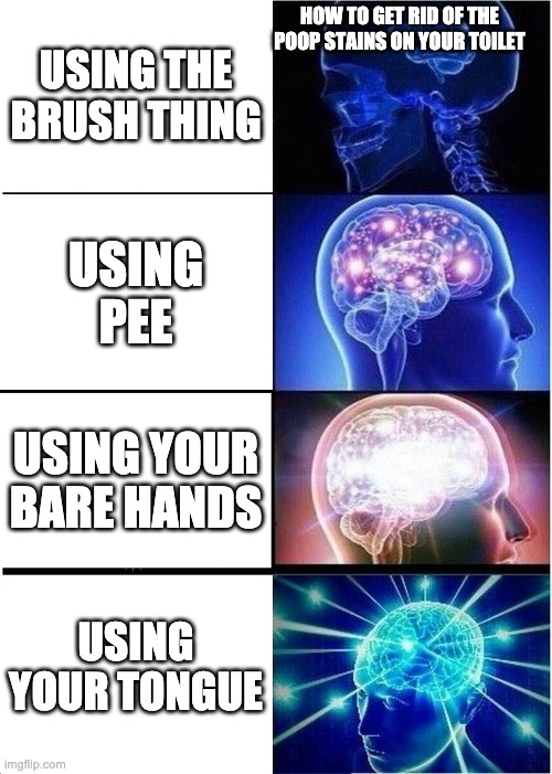 ...i'll leave now | HOW TO GET RID OF THE POOP STAINS ON YOUR TOILET; USING THE BRUSH THING; USING PEE; USING YOUR BARE HANDS; USING YOUR TONGUE | image tagged in memes,expanding brain | made w/ Imgflip meme maker