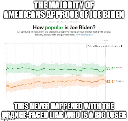 Joe Biden is Doing a Great Job | THE MAJORITY OF AMERICANS APPROVE OF JOE BIDEN; THIS NEVER HAPPENED WITH THE ORANGE-FACED LIAR WHO IS A BIG LOSER | image tagged in way to go joe,biden,smilin biden | made w/ Imgflip meme maker