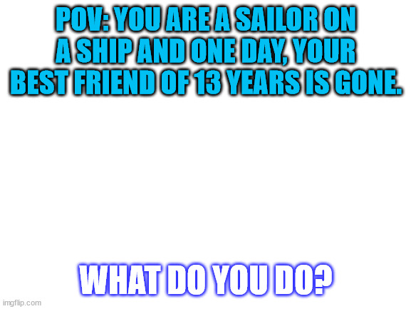 the rp would be better without magic- | POV: YOU ARE A SAILOR ON A SHIP AND ONE DAY, YOUR BEST FRIEND OF 13 YEARS IS GONE. WHAT DO YOU DO? | image tagged in blank white template | made w/ Imgflip meme maker