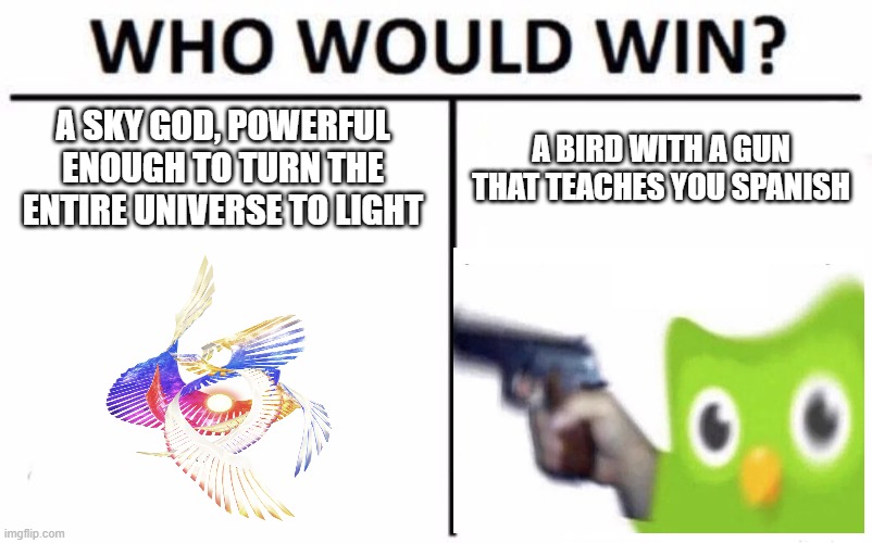 The battle of the century | A SKY GOD, POWERFUL ENOUGH TO TURN THE ENTIRE UNIVERSE TO LIGHT; A BIRD WITH A GUN THAT TEACHES YOU SPANISH | image tagged in memes,who would win | made w/ Imgflip meme maker