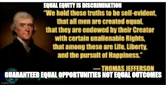 Life liberty pursuit of happiness | EQUAL EQUITY IS DISCRIMINATION; GUARANTEED EQUAL OPPORTUNITIES NOT EQUAL OUTCOMES | image tagged in equality vs equityy | made w/ Imgflip meme maker