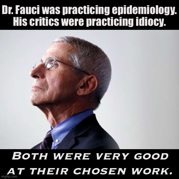 Summing up the right-wing anti-Fauci hysteria. | Dr. Fauci was practicing epidemiology. His critics were practicing idiocy. Both were very good at their chosen work. | image tagged in fauci snub,dr fauci,fauci,right wing,conspiracy theory,covid-19 | made w/ Imgflip meme maker