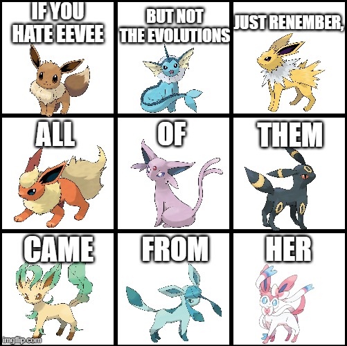 Without Eevee, Where would the Eeveelutions be? |  IF YOU HATE EEVEE; BUT NOT THE EVOLUTIONS; JUST RENEMBER, THEM; OF; ALL; CAME; FROM; HER | image tagged in 3x3 grid alignment meme,eevee,pokemon,evolve,evolution,unnecessary tags | made w/ Imgflip meme maker