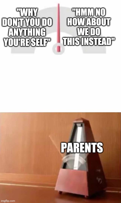 Metronome | "WHY DON'T YOU DO ANYTHING YOU'RE SELF"; "HMM NO HOW ABOUT WE DO THIS INSTEAD"; PARENTS | image tagged in metronome | made w/ Imgflip meme maker