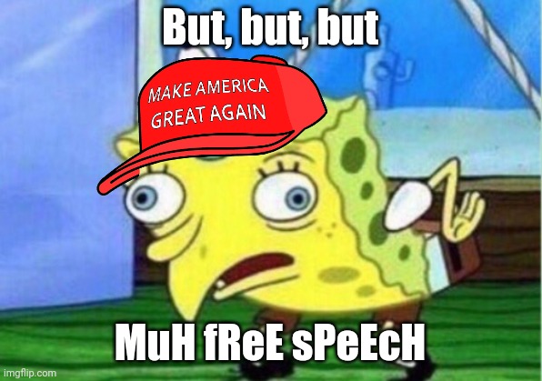 Mocking Spongebob Meme | But, but, but MuH fReE sPeEcH | image tagged in memes,mocking spongebob | made w/ Imgflip meme maker