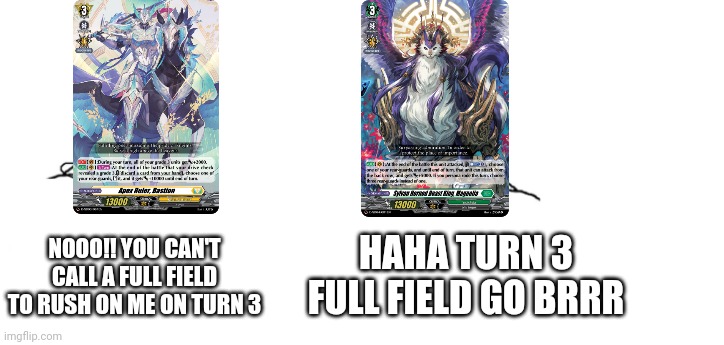 Magnolia vs Bastion in DBT02 | NOOO!! YOU CAN'T CALL A FULL FIELD TO RUSH ON ME ON TURN 3; HAHA TURN 3 FULL FIELD GO BRRR | image tagged in nooo haha go brrr | made w/ Imgflip meme maker
