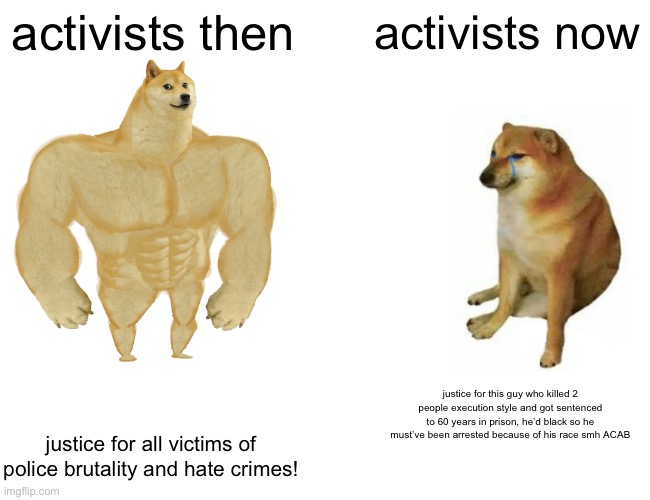 Buff Doge vs. Cheems | activists then; activists now; justice for this guy who killed 2 people execution style and got sentenced to 60 years in prison, he’d black so he must’ve been arrested because of his race smh ACAB; justice for all victims of police brutality and hate crimes! | image tagged in memes,buff doge vs cheems | made w/ Imgflip meme maker