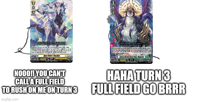 Magnolia vs Bastion in DBT02 | NOOO!! YOU CAN'T CALL A FULL FIELD TO RUSH ON ME ON TURN 3; HAHA TURN 3 FULL FIELD GO BRRR | image tagged in nooo haha go brrr | made w/ Imgflip meme maker