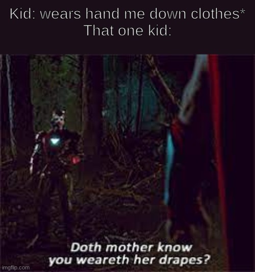 avengers | Kid: wears hand me down clothes*
That one kid: | image tagged in avengers,smart guy,funny memes,the avengers,clothes | made w/ Imgflip meme maker