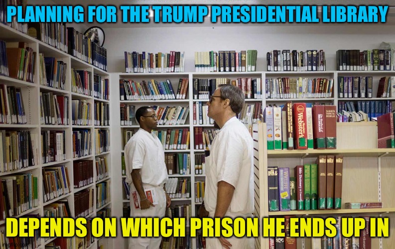 Depends | PLANNING FOR THE TRUMP PRESIDENTIAL LIBRARY; DEPENDS ON WHICH PRISON HE ENDS UP IN | image tagged in prison library | made w/ Imgflip meme maker