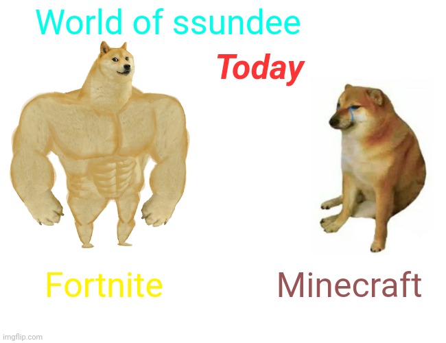 Buff Doge vs. Cheems | World of ssundee; Today; Fortnite; Minecraft | image tagged in memes,buff doge vs cheems | made w/ Imgflip meme maker