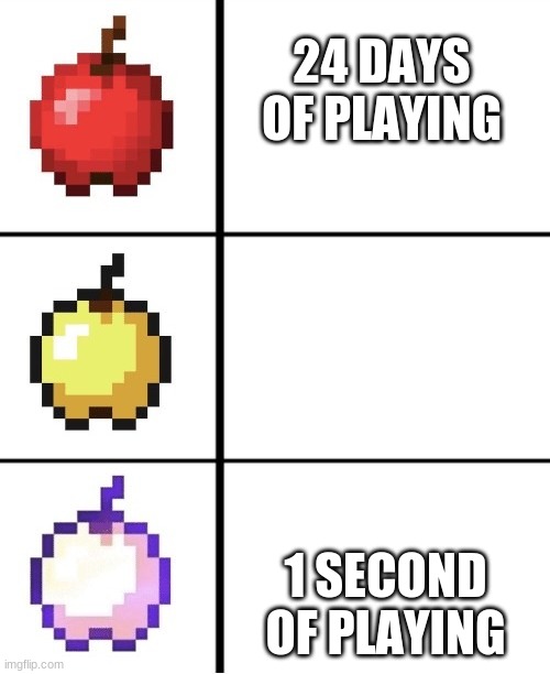 Minecraft apple format | 24 DAYS OF PLAYING; 1 SECOND OF PLAYING | image tagged in minecraft apple format | made w/ Imgflip meme maker