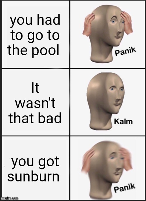 Sums up my day | you had to go to the pool; It wasn't that bad; you got sunburn | image tagged in memes,panik kalm panik | made w/ Imgflip meme maker