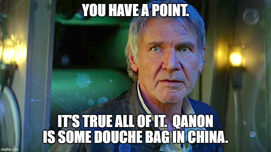 Han Solo - Its true, all of it | YOU HAVE A POINT. IT'S TRUE ALL OF IT.  QANON IS SOME DOUCHE BAG IN CHINA. | image tagged in han solo - its true all of it | made w/ Imgflip meme maker