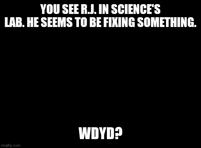 blank black | YOU SEE R.J. IN SCIENCE'S LAB. HE SEEMS TO BE FIXING SOMETHING. WDYD? | image tagged in blank black | made w/ Imgflip meme maker