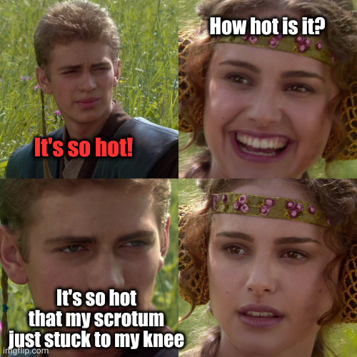 Portland Heatdome 2021 | How hot is it? It's so hot! It's so hot that my scrotum just stuck to my knee | image tagged in anakin padme 4 panel | made w/ Imgflip meme maker