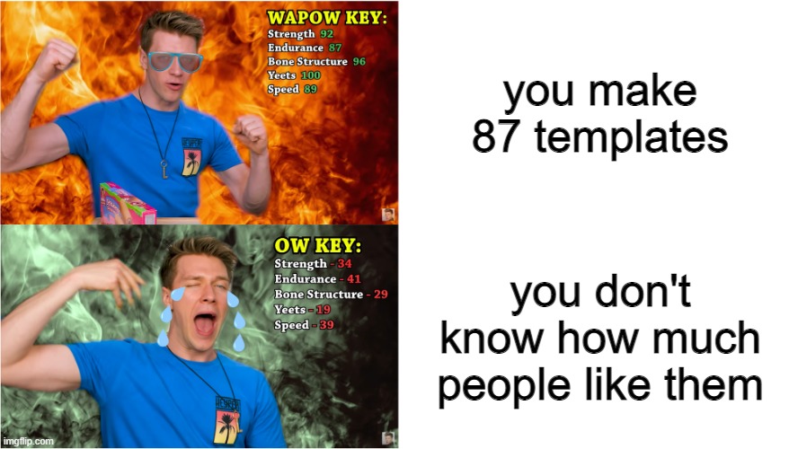 vote on this straw poll: https://strawpoll.com/46cyrz6xd | you make 87 templates; you don't know how much people like them | image tagged in wapow key vs ow key | made w/ Imgflip meme maker