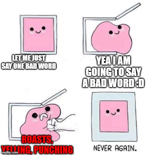 idk | LET ME JUST SAY ONE BAD WORD; YEA I AM GOING TO SAY A BAD WORD :D; ROASTS, YELLING, PUNCHING | image tagged in never again | made w/ Imgflip meme maker
