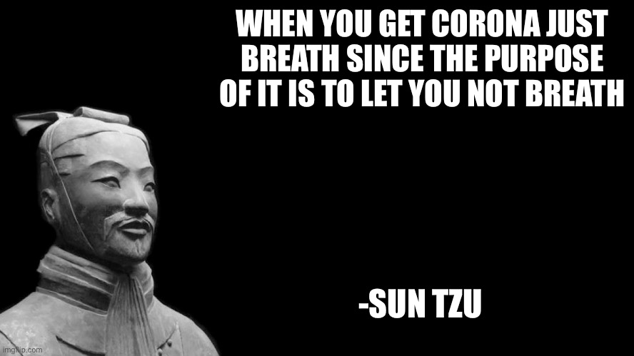 Sun Tzu | WHEN YOU GET CORONA JUST BREATH SINCE THE PURPOSE OF IT IS TO LET YOU NOT BREATH; -SUN TZU | image tagged in sun tzu | made w/ Imgflip meme maker