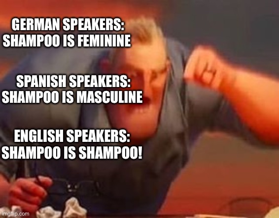 Mr incredible mad | GERMAN SPEAKERS:
SHAMPOO IS FEMININE; SPANISH SPEAKERS:
SHAMPOO IS MASCULINE; ENGLISH SPEAKERS:
SHAMPOO IS SHAMPOO! | image tagged in mr incredible mad | made w/ Imgflip meme maker