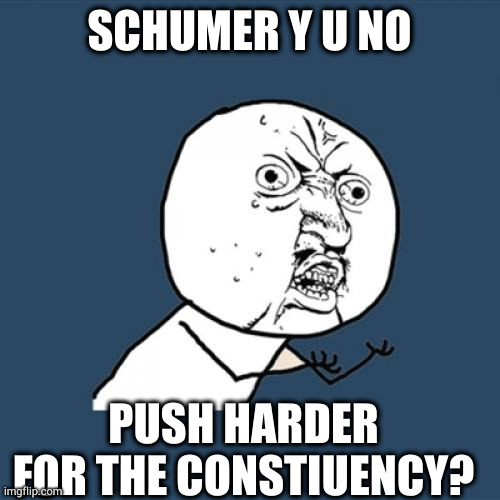 yall know | SCHUMER Y U NO; PUSH HARDER FOR THE CONSTIUENCY? | image tagged in memes,y u no | made w/ Imgflip meme maker