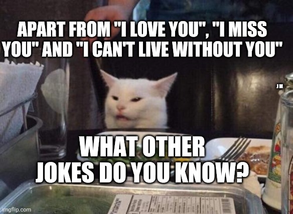 Salad cat | APART FROM "I LOVE YOU", "I MISS YOU" AND "I CAN'T LIVE WITHOUT YOU"; J M; WHAT OTHER JOKES DO YOU KNOW? | image tagged in salad cat | made w/ Imgflip meme maker