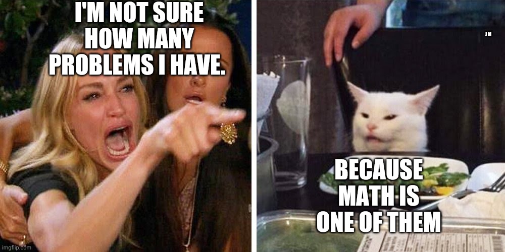 Smudge the cat | I'M NOT SURE HOW MANY PROBLEMS I HAVE. J M; BECAUSE MATH IS ONE OF THEM | image tagged in smudge the cat | made w/ Imgflip meme maker