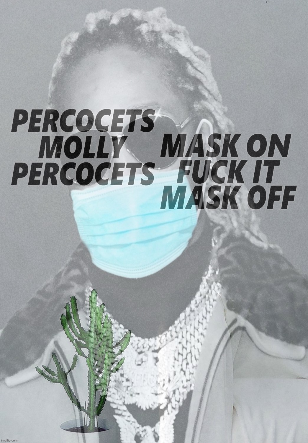 Why is there a potted cactus in this meme | image tagged in future percocets molly percocets mask off,future,gangsta rap made me do it,cactus,rapper,mask off | made w/ Imgflip meme maker