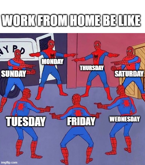 :( | WORK FROM HOME BE LIKE; MONDAY; THURSDAY; SATURDAY; SUNDAY; WEDNESDAY; FRIDAY; TUESDAY | image tagged in same spider man 7,memes,programmers,work from home,funny,lol | made w/ Imgflip meme maker