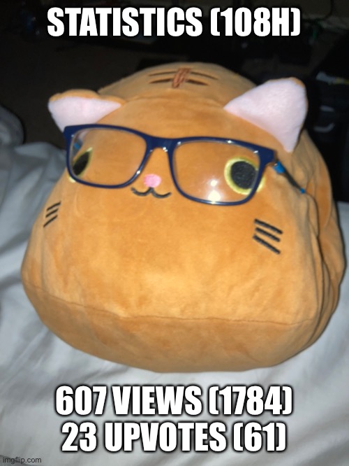 Statistics Cat | STATISTICS (108H); 607 VIEWS (1784) 23 UPVOTES (61) | image tagged in meow | made w/ Imgflip meme maker