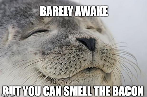 The perfect morning | BARELY AWAKE; BUT YOU CAN SMELL THE BACON | image tagged in bliss,bacon,good morning,sunday morning | made w/ Imgflip meme maker