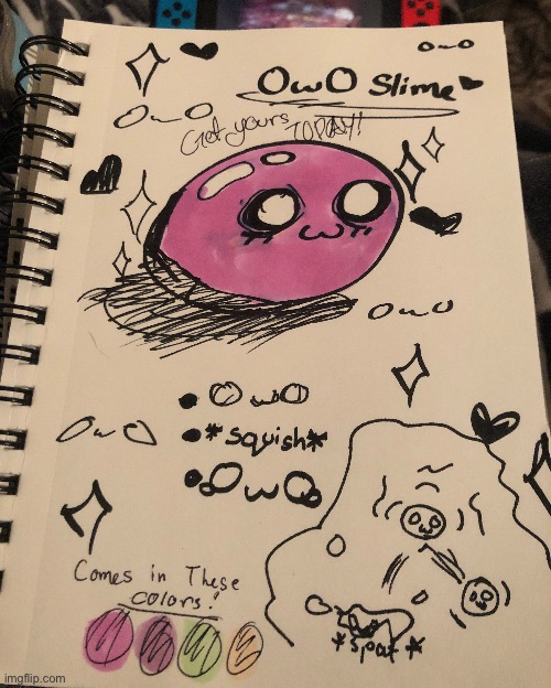 I present the OwO slime, that I drew out of boredom in the tub on ft with my friends :] | made w/ Imgflip meme maker