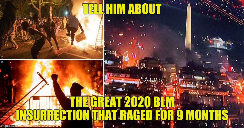 DC riot | TELL HIM ABOUT THE GREAT 2020 BLM INSURRECTION THAT RAGED FOR 9 MONTHS | image tagged in dc riot | made w/ Imgflip meme maker