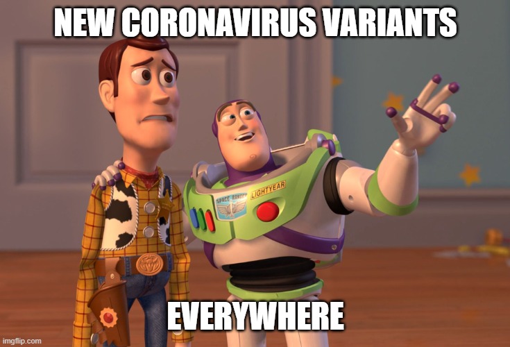 New COVID variants everywhere | NEW CORONAVIRUS VARIANTS; EVERYWHERE | image tagged in memes,x x everywhere | made w/ Imgflip meme maker