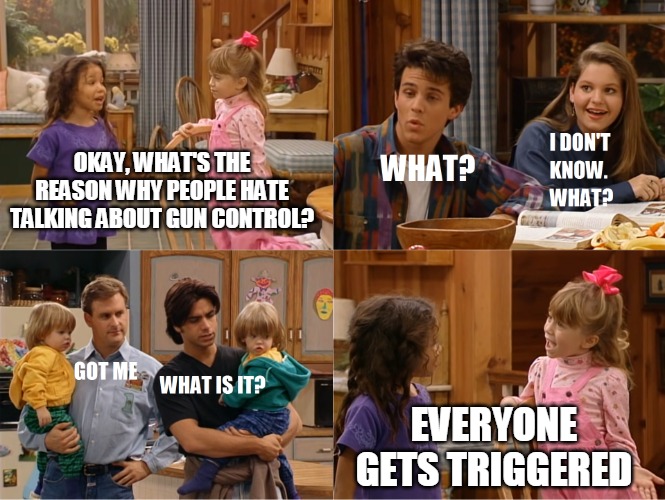 Michelle and Friend Tell a Joke | OKAY, WHAT'S THE REASON WHY PEOPLE HATE TALKING ABOUT GUN CONTROL? EVERYONE GETS TRIGGERED | image tagged in michelle and friend tell a joke,memes,full house | made w/ Imgflip meme maker