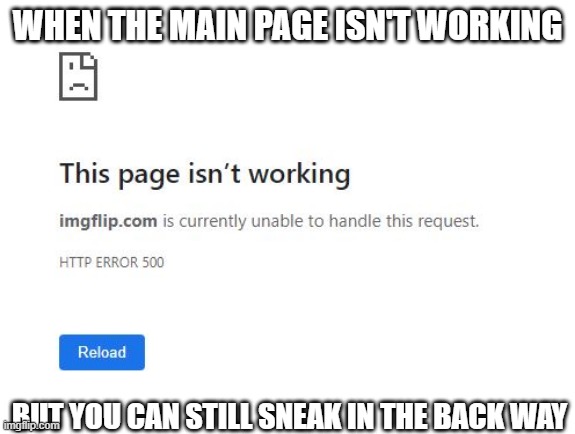Through the Back Door? | WHEN THE MAIN PAGE ISN'T WORKING; BUT YOU CAN STILL SNEAK IN THE BACK WAY | image tagged in imgflip | made w/ Imgflip meme maker
