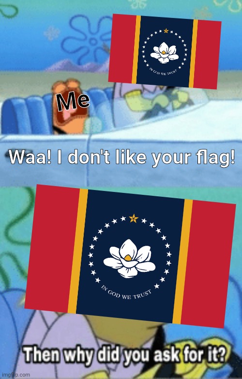 I hate Mississippi's new flag | Me; Waa! I don't like your flag! | image tagged in then why did you ask for it | made w/ Imgflip meme maker