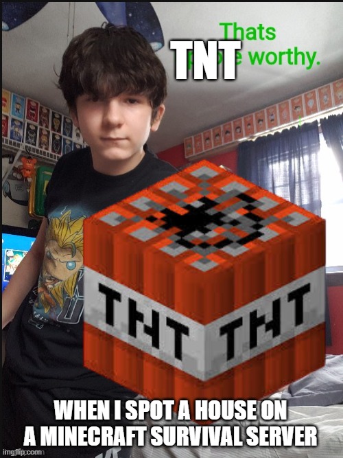 i like to just blow up any houses i see on survival minecraft servers for no reason | TNT; WHEN I SPOT A HOUSE ON A MINECRAFT SURVIVAL SERVER | image tagged in tnt,bomb | made w/ Imgflip meme maker